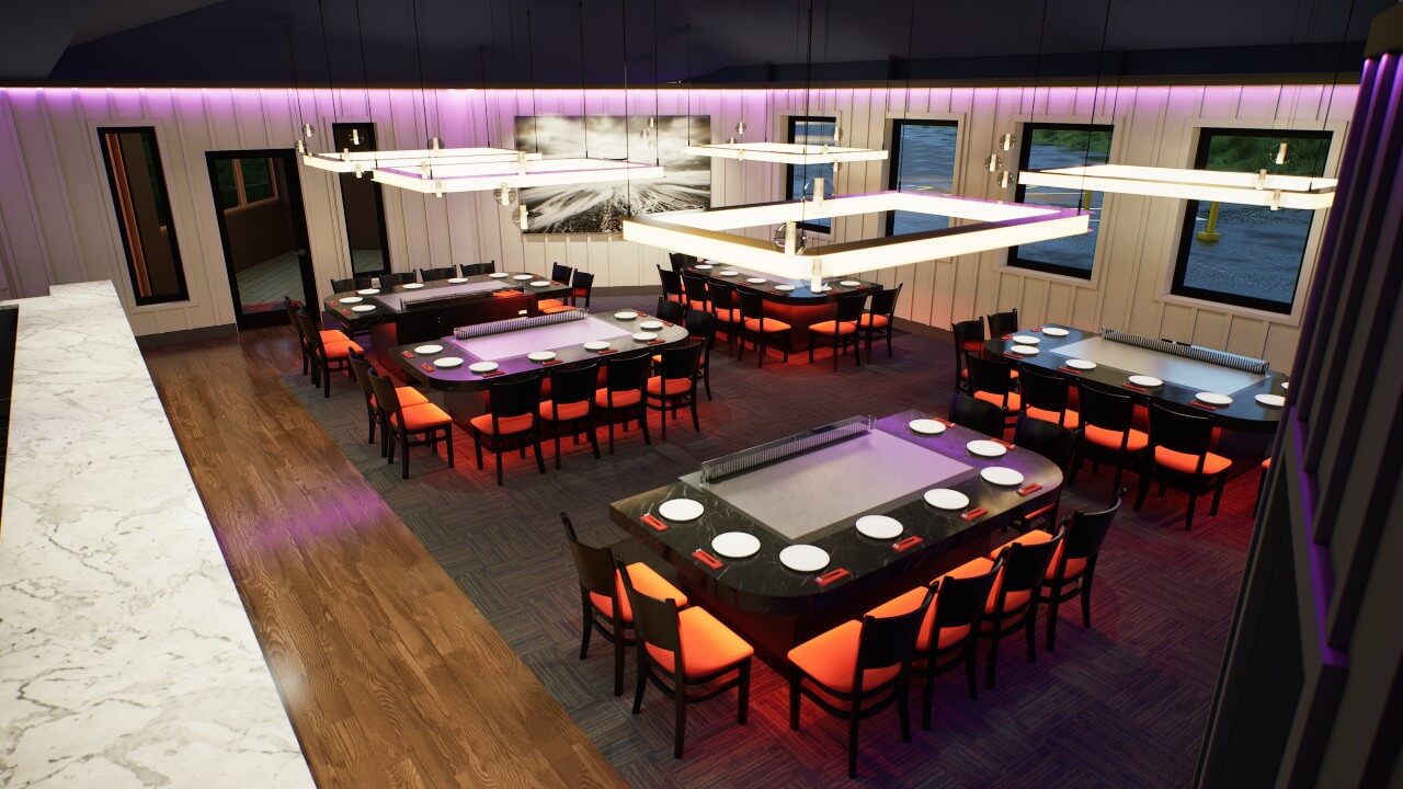 Island Grill Dining Room A modern restaurant dining room featuring multiple hibachi grill tables with orange chairs, large square overhead light fixtures, and a Japanese-themed mural on the back wall.