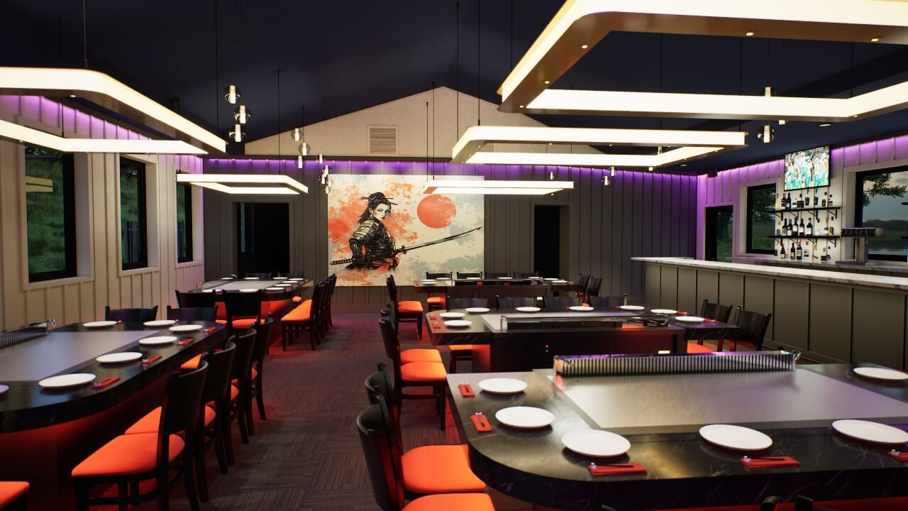 Island Grill Interior An interior view of a contemporary hibachi restaurant showing sleek grill stations set with plates, geometric modern lighting, and a bar counter on the right.